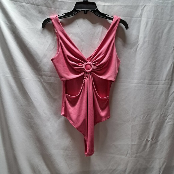 Rue 21 Md. Pink Barbie Core V-Neck Open sides gathered ring snap Bodysuit - Picture 1 of 5